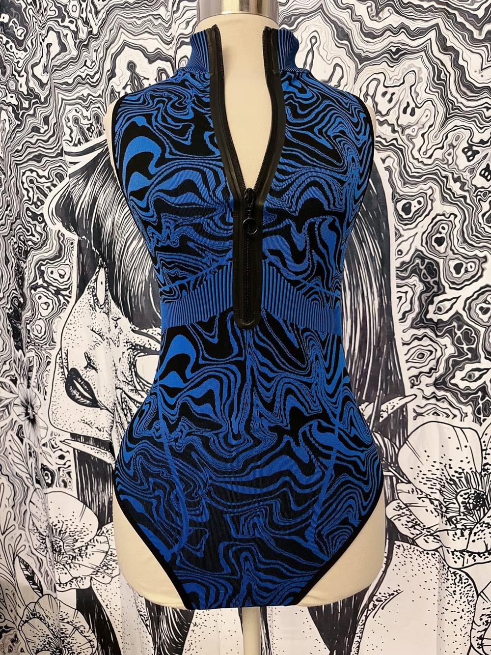 NEW ASOS Blue & Black High-Neck Zip One-Piece Bodysuit